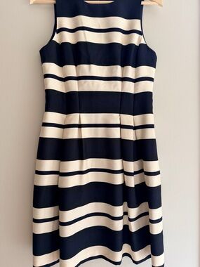 Vince Camuto Navy Blue and Cream Striped Sleeveless Fit-and-Flare Dress